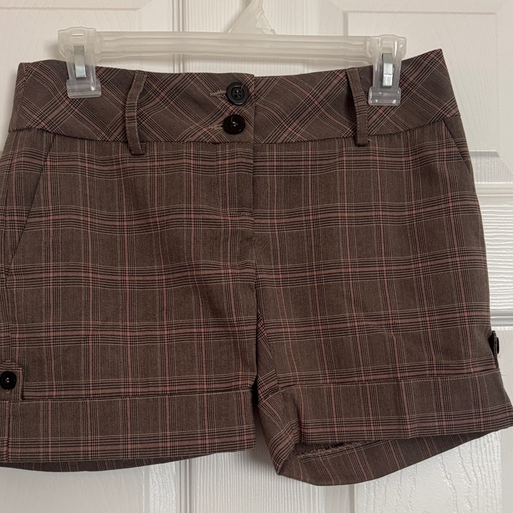 Dynamite Brown Plaid Bermuda Shorts with Pink Stripe